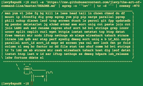 curl -s 'https://raw.githubusercontent.com/jlevy/the-art-of-command-line/master/README.md' | egrep -o '\w+
' | tr -d '`' | cowsay -W50